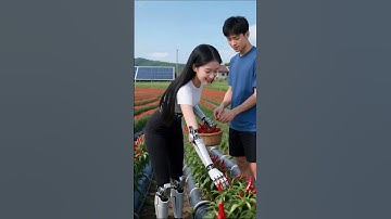 Agricultural assistant, female humanoid robot helps man harvest chilies #humanoidrobot #ai