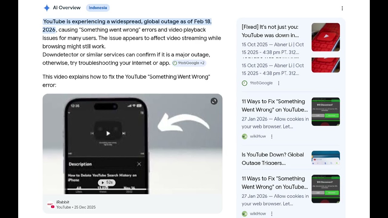YouTube outage on 18 February 2026 at 8:04 am. (GMT +7)