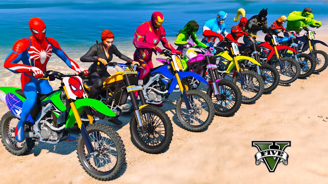 SPIDERMAN vs SUPERHEROES ARMY MOTORCYCLES RACING CHALLENGE on BEACH RAMP, AVENGERS GIRLS RACE- GTA 5