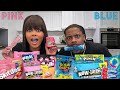 Pink food vs blue food challenge hubba bubba slime candy juicy drop pop candy mukbang
