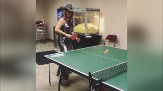 Shania Twain playing ping-pong before Shania Now Tour concert in North Little Rock - June 12, 2018
