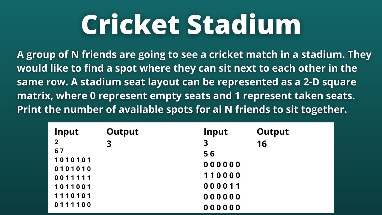 Cricket Stadium | Find Available Spots for N Friends to Sit Together ...