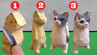 4 Steps for EASILY CARVE A Funny CAT, sculpting a CAT, Whittling and WOOD CARVING for beginners