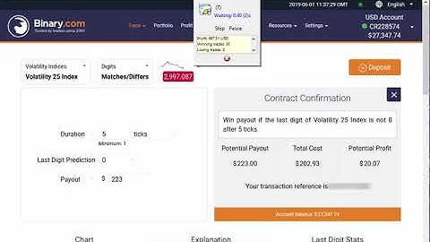 REAL ACCOUNT +$1277 USD Automated Trading Binary.com Volatility (Digits Differs) 1 June 2019