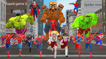 Siêu nhân nhện🔴Game Playing Spider-Man attack Hulk green rescue Squid game 3 vs Tung tung tung sahur