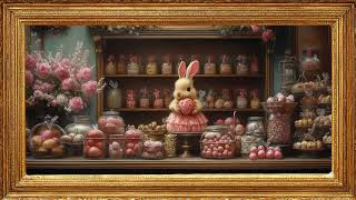 Easter Bunny Candy Shop in 4K | 5 Hours Vintage Easter Screensaver in Gold Frame screenshot 1