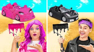 RETO DEL COCHE ROSA VS NEGRO 💖🖤 Transformación de coches para muñecas! Locos trucos de 123GO! TRENDS