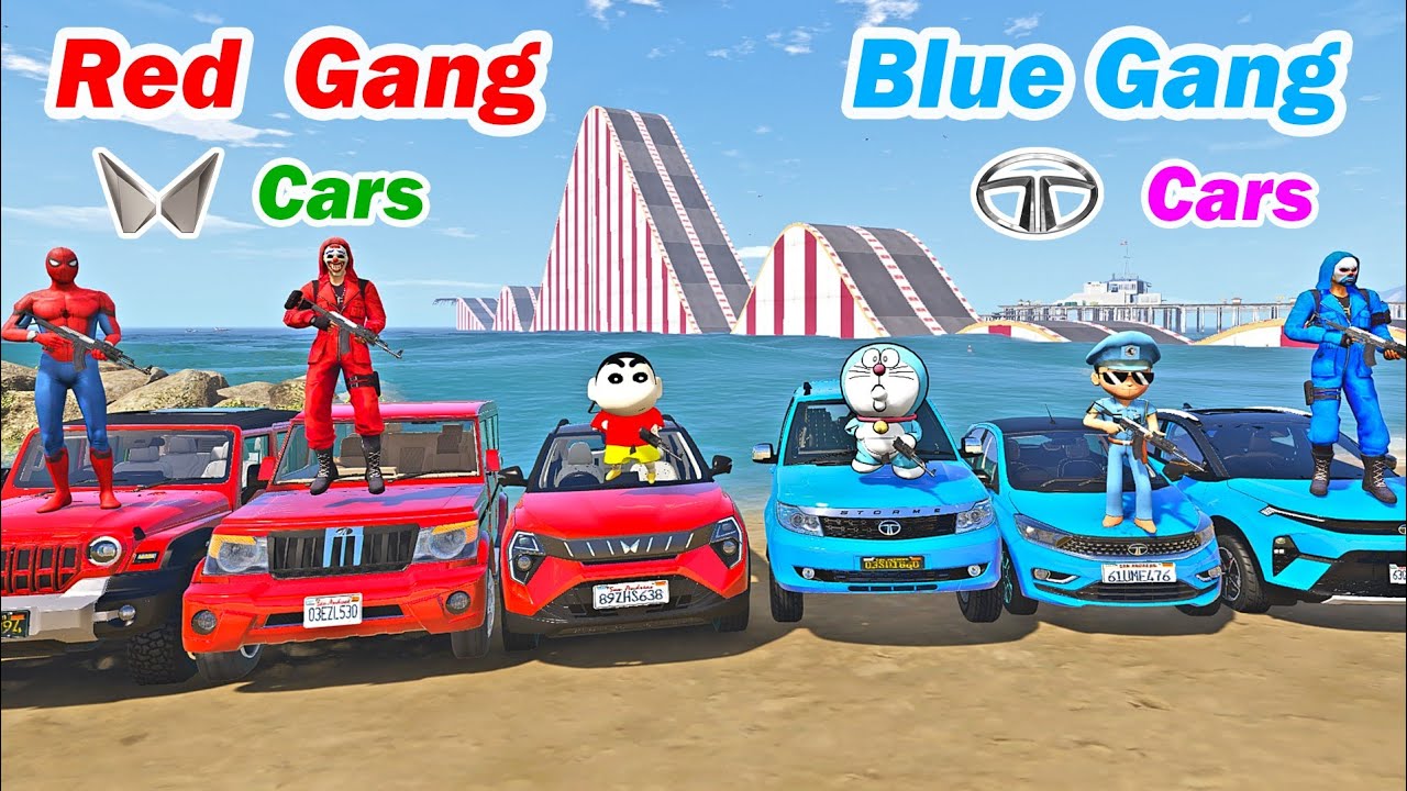 gta 5 red gang vs blue gang | gta 5 water bumps challenge mahindra vs tata cars | gta 5 telugu