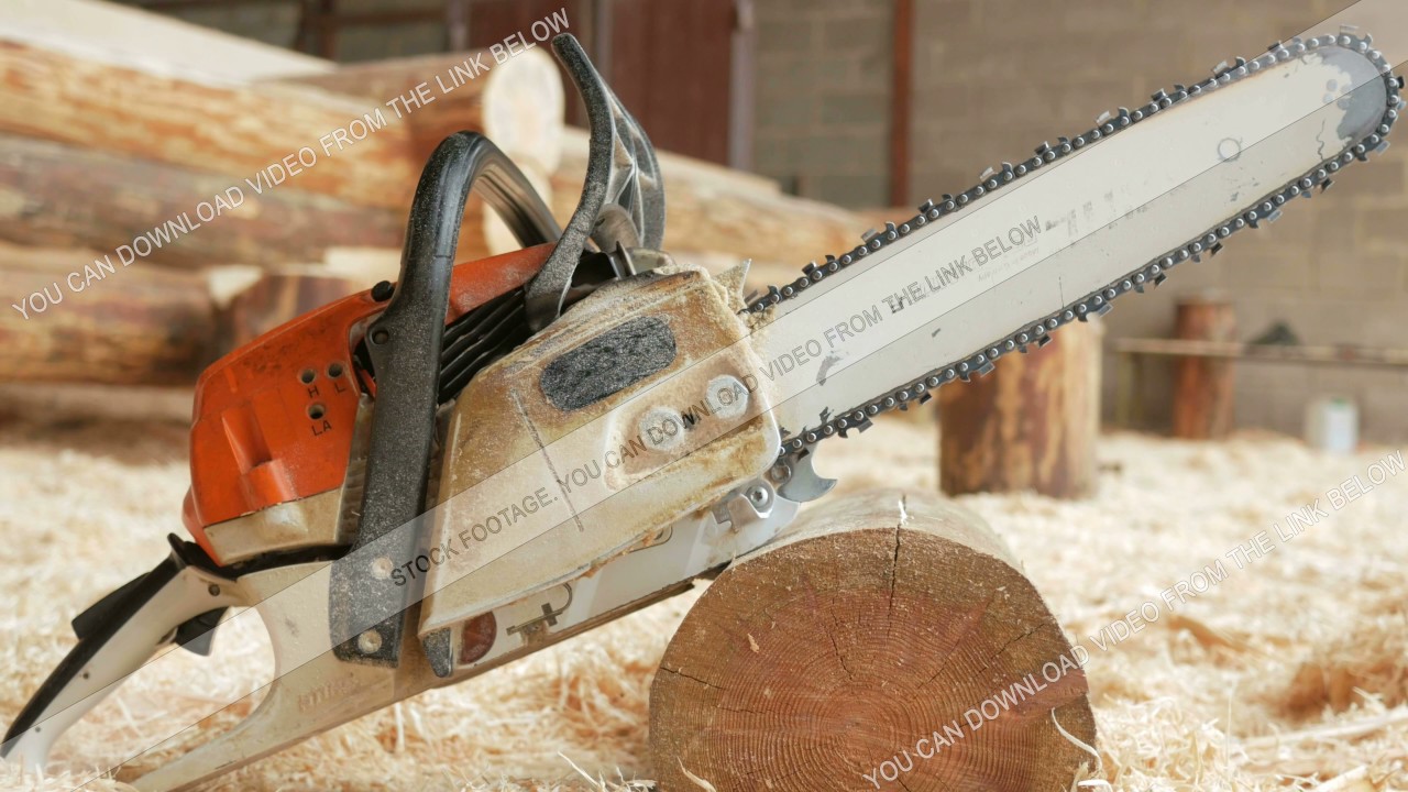 Chainsaw builder at the site of construction of a wooden house. Many sawdust and a part of the