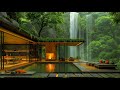 Warm jazz melodies  waterfall sounds in cozy living room  sweet jazz in tranquil forest ambience