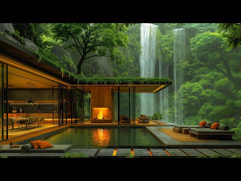 Warm Jazz Melodies x Waterfall Sounds In Cozy Living Room - Sweet Jazz In Tranquil Forest Ambience