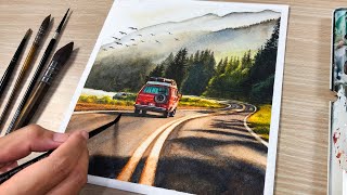 Morning Road Trip in Watercolor Painting