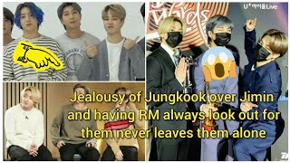 #jikook Jungkook's jealousy over Jimin and RM always being in between ???🤔🤔