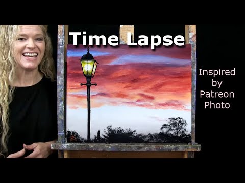 Learn How to Draw and Paint "SUNSET LAMPPOST" with acrylics-Easy Beginner Online Tutorial-Time Lapse