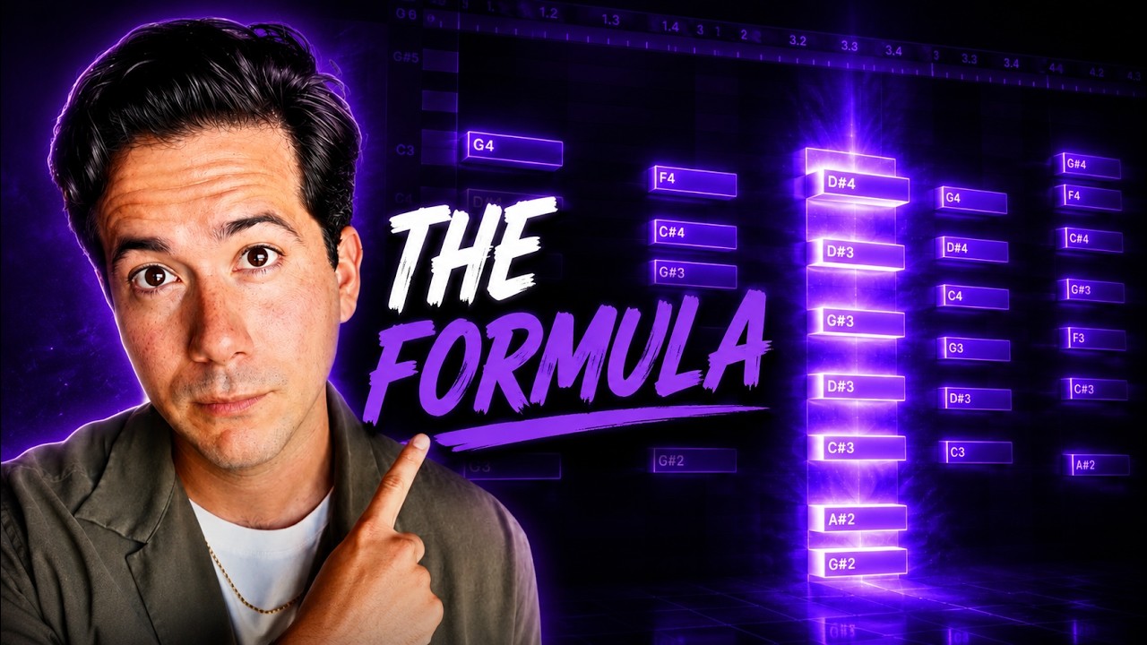 man next to the title the formula. purple background with boxes