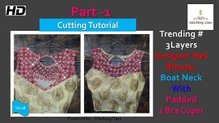 Designer Net Blouse Boat Neck with Bra Cups (Padded) Cutting DIY