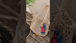 Natural Crochet Tote Bag with Colorful Tassel Charm#bohostyle #crochet #crochetbags