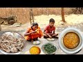 santali tribe village women cooking PRAWN CURRY in steam rice and sarson ka sag in village style