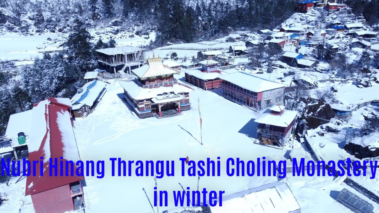 Aerial View of Nubri Hinang Thrangu Tashi Choling Monastery in Winter | Nepal 2026 | 4K