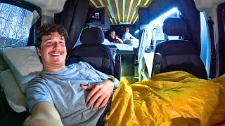 3 People Camping In 1 Van. (I Had to build A bed in the Front Seat)