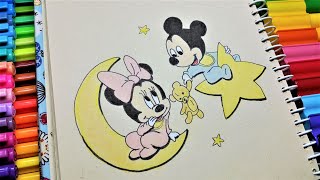 How to Draw Mickey Mouse and Minnie Mouse in the sky رسم ميكي ماوس و ميني ماوس بين القمر والنجوم