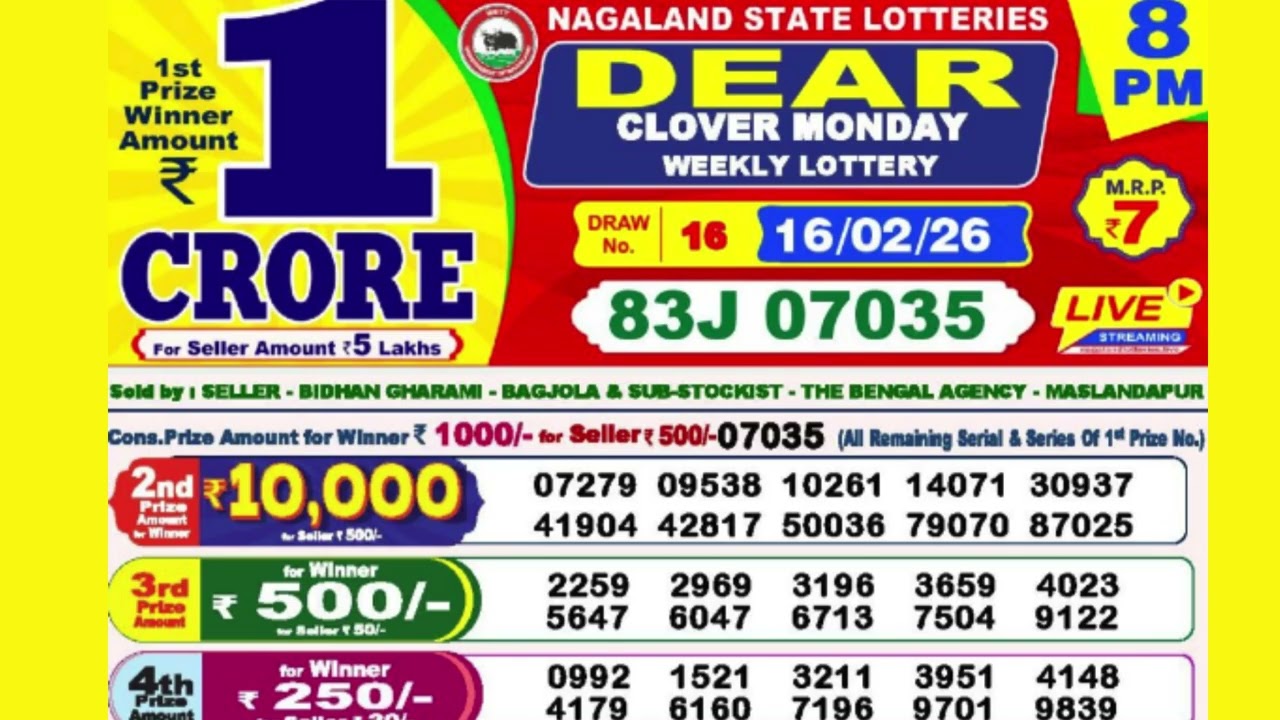DEAR CLOVER MONDAY WEEKLY LOTTERY TODAY RESULT 8 PM 16/02/26#latest lottery result