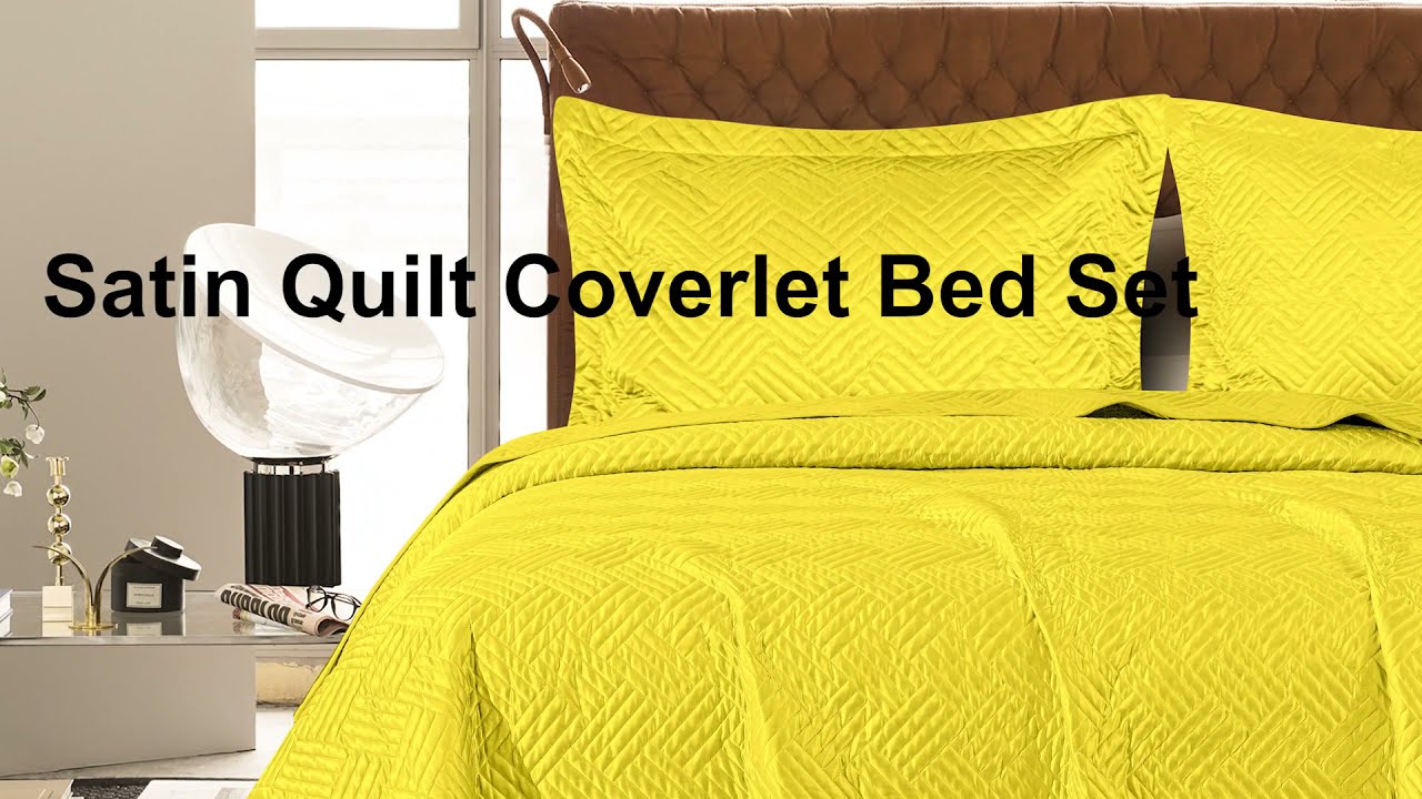 3 Piece Geometric Pattern Satin Quilt Coverlet Bed Set - Yellow