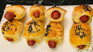 باف باسترى بالسوسيس والجبنة وجبة سريعة للفطار او عشاء هيحبها الاطفال والكبار Hot Dog puff pastry