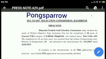 Labour inspector post code 629 || HPSSSC Result ||