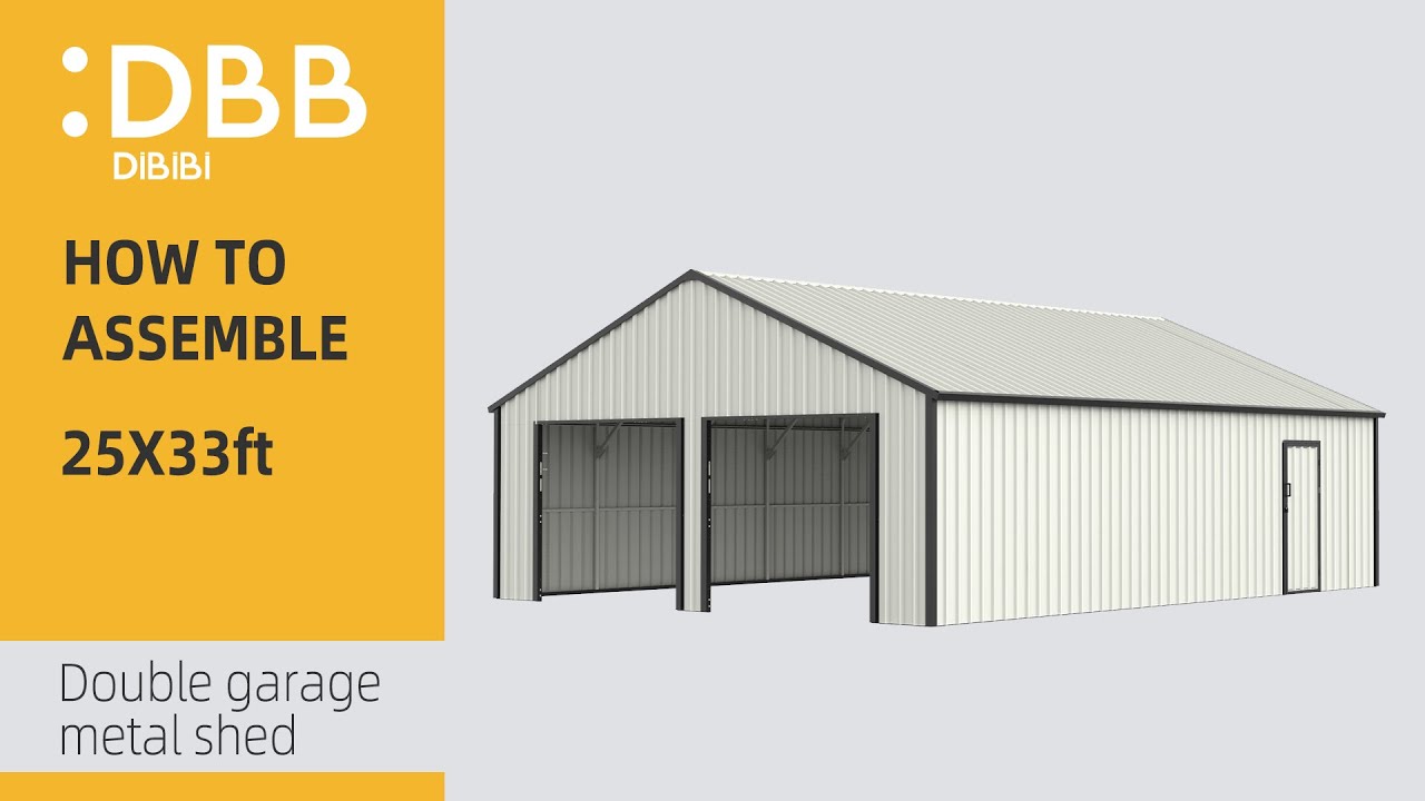 DBB DiBiBi 25x33ft Double garage metal shed with gable roof assembly video display 3D animated video