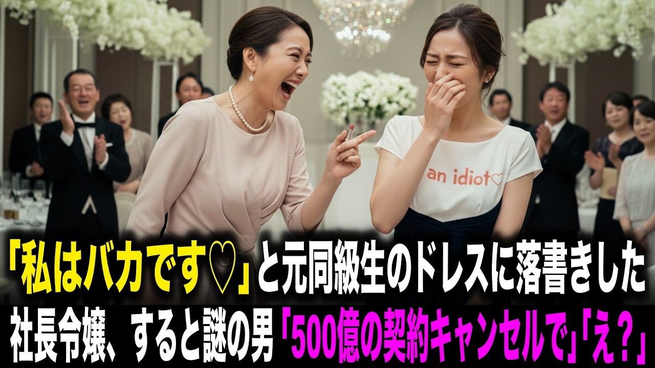 【スカッとする話】「私はバカです♡」と結婚式で元同級生のドレスに落書きした社長令嬢。すると謎の男「500億の契約キャンセルで」社長令嬢「え？」