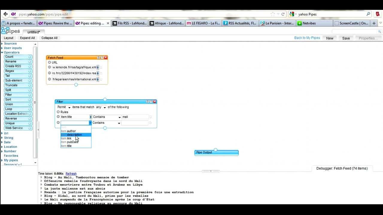 Tuto vido  Yahoo Pipes pour combiner plusieurs flux RSS et les filtrer par mots cls
