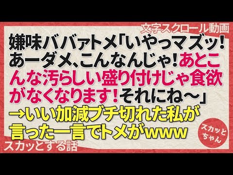 スカッとする話 嫌味ババァのトメ「いやっマズッ！あーダメ、こんなんじゃ！あとこんな汚らしい盛り付けじゃ食欲がなくなります！それにね～」→いい加減ブチ切れた私が言った一言でトメがwww スカッとちゃん