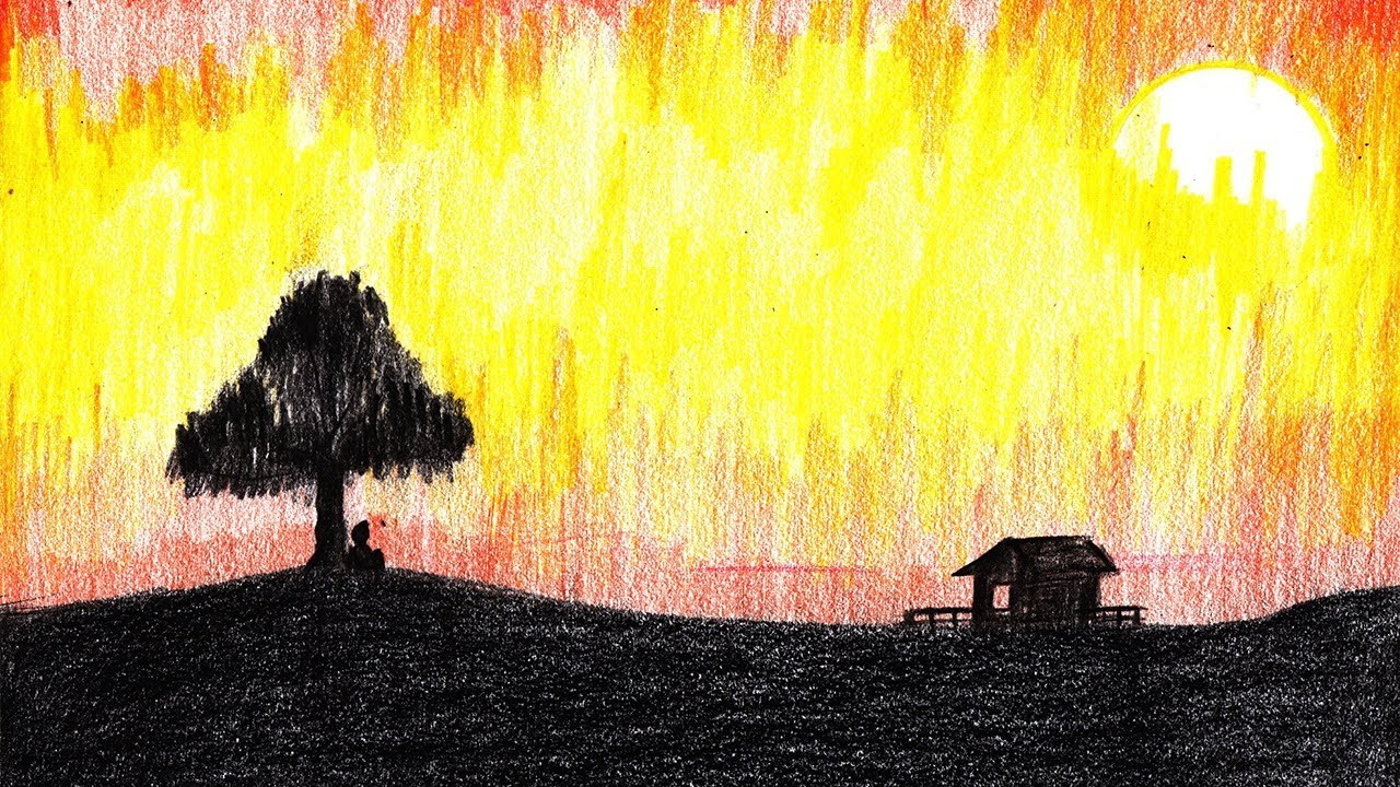 Sunset Scene Colored Pencils - Drawing Sunset Scene With Color Pencils :  Drawingtutorials101.Com