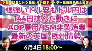 【為替】6/4 根強いドル安もドル円は144円挟んだ動きに。今晩は「ADP雇用統計」「ISM非製造業」発表あり。最新の英国･欧州情勢などロンドン美子氏と解説いたします。