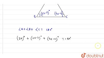 Angles of a triangle are (3x)^(@),(2x-7) and (4x-11)^(@) . Find the measure of x and each angle ...