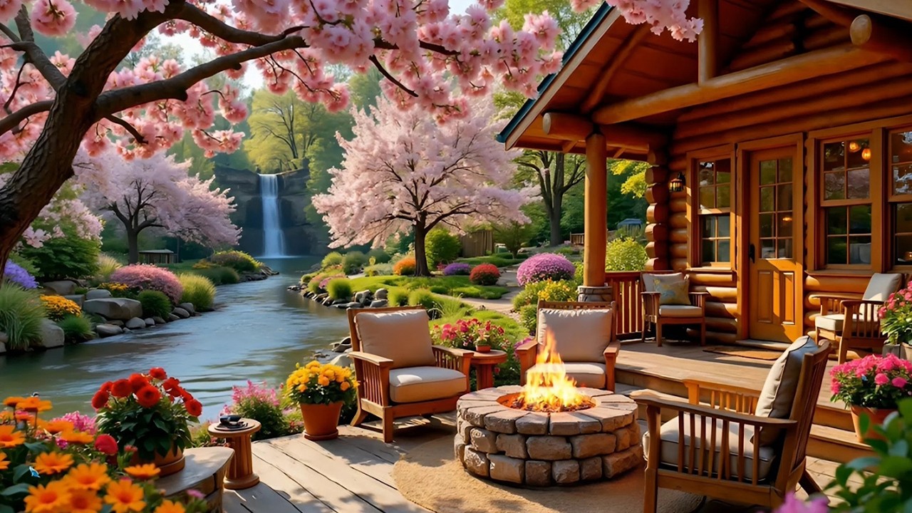 Cozy Spring Cabin by a Waterfall 🌸 Calm Stream & Birds Chirping for ...