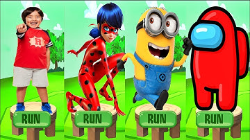 Tag with Ryan vs Miraculous Lady Bug vs Minion Rush vs Among Us Run - All Characters All Vehicles