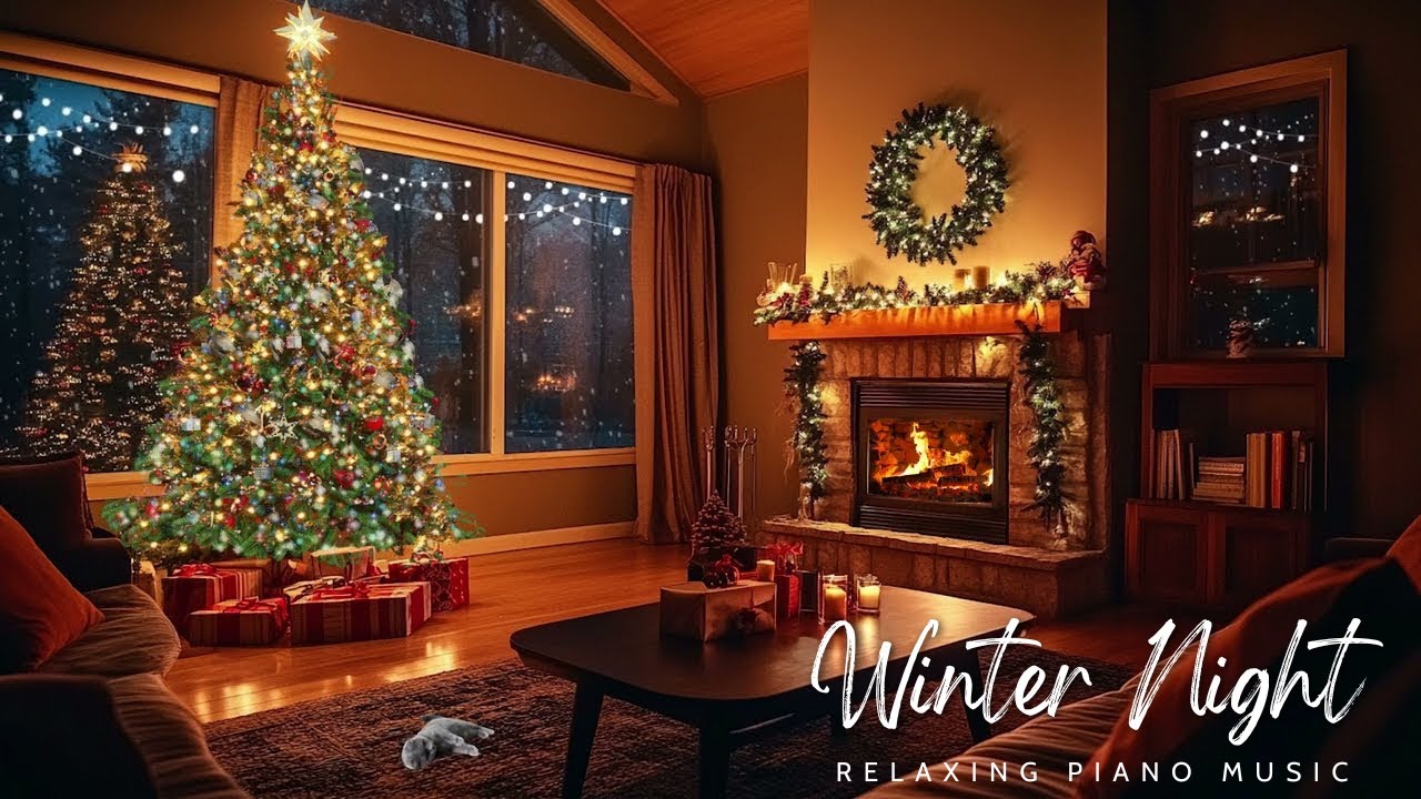 Snowy Winter Night at Cozy Living Room with Fireplace | Relaxing Piano ...