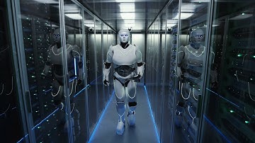 Futuristic Android Robot Working in Server Room