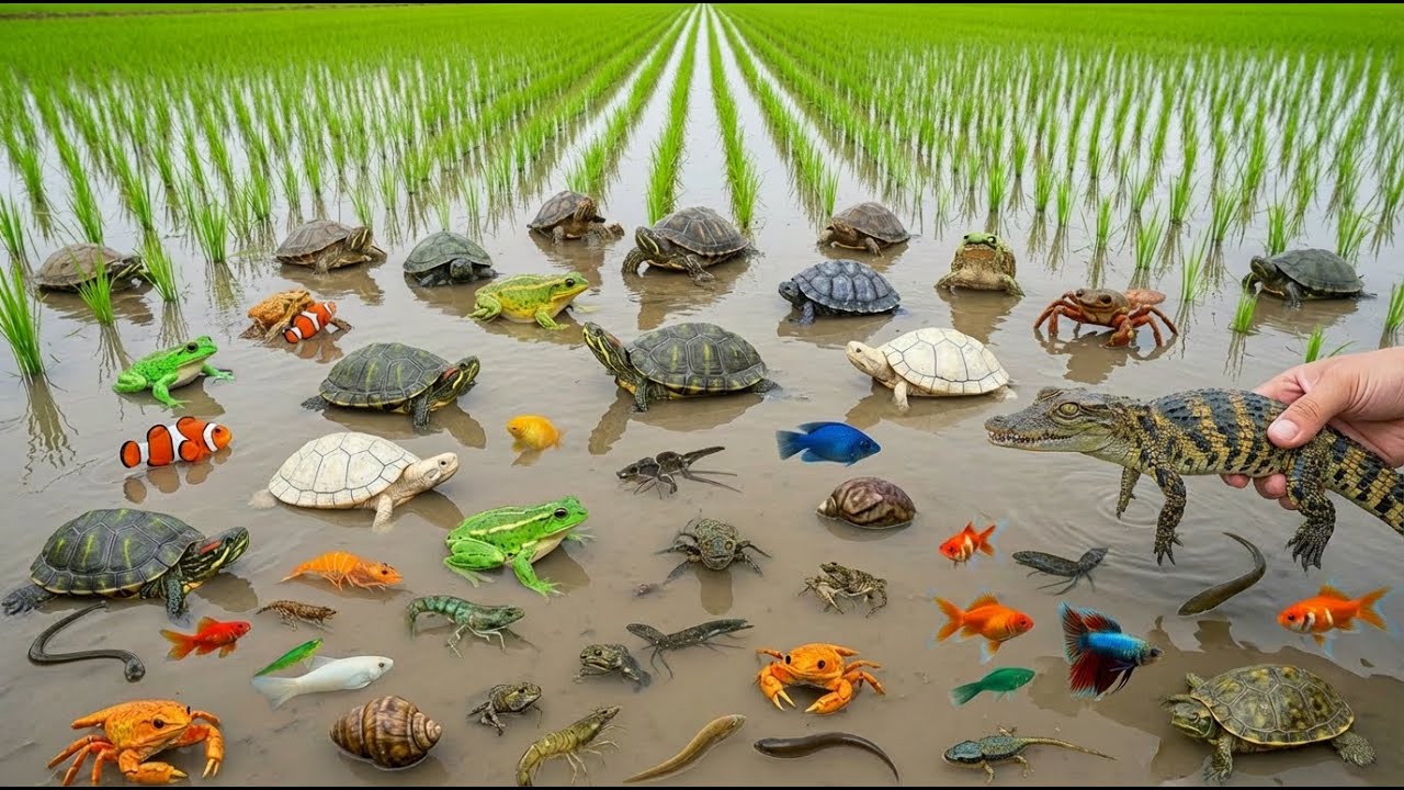 Amazing – Catching Fish, Crabs & Crocodile by Hand in the Rice Fields!