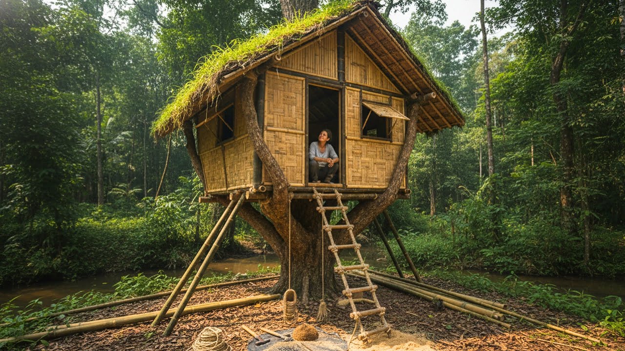 Timelapse: Building Bamboo Treehouse on Giant Tree Root | Rainproof Bushcraft Shelter Storm Survival