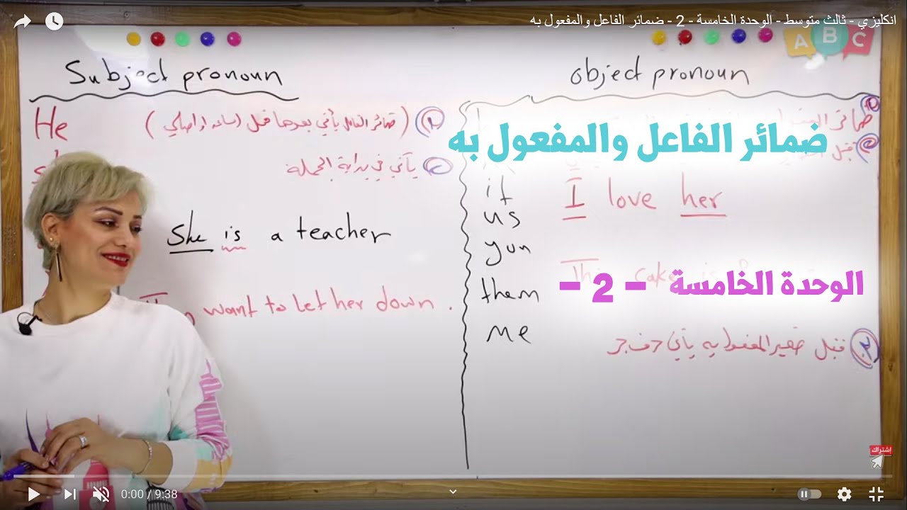 انكليزي - ثالث متوسط - الوحدة الخامسة - 2 - ضمائر الفاعل والمفعول به