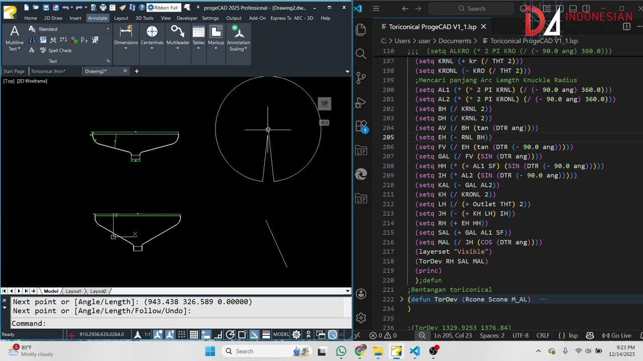 Proses pembuatan Toriconical + bentangan di AutoCAD / ProgeCAD.