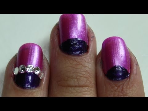 Unhas Meia Lua com Strass Rápida Prática (adesivo) Half Moon Purple Nail Art