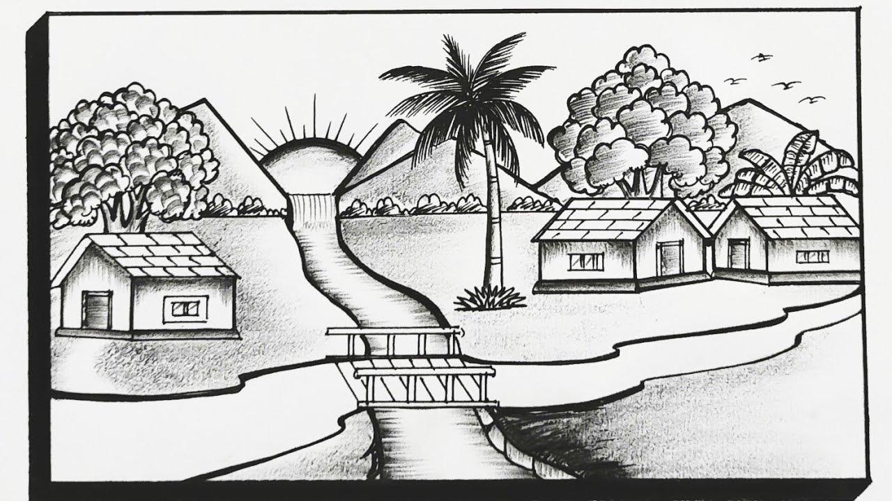 Simple Scenery Drawing||How To Draw Beautiful Village Scenery||Sunrise Scenery Drawing Easy