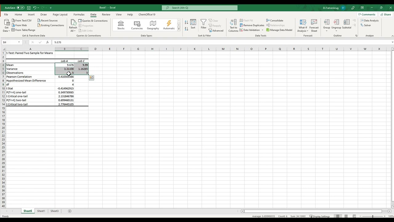 t-test in Excel
