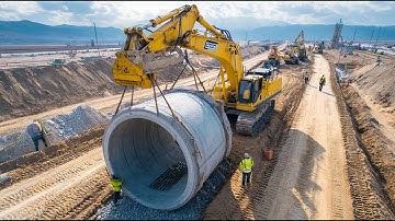 How Giant Concrete Pipes Are Made & Installed for Drainage Projects. Modern Construction Technology