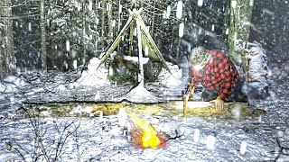 CAUGHT in a SNOW STORM | WINTER Camping | Bushcraft Shelter Build & Swedish Torch in Heavy Snowfall