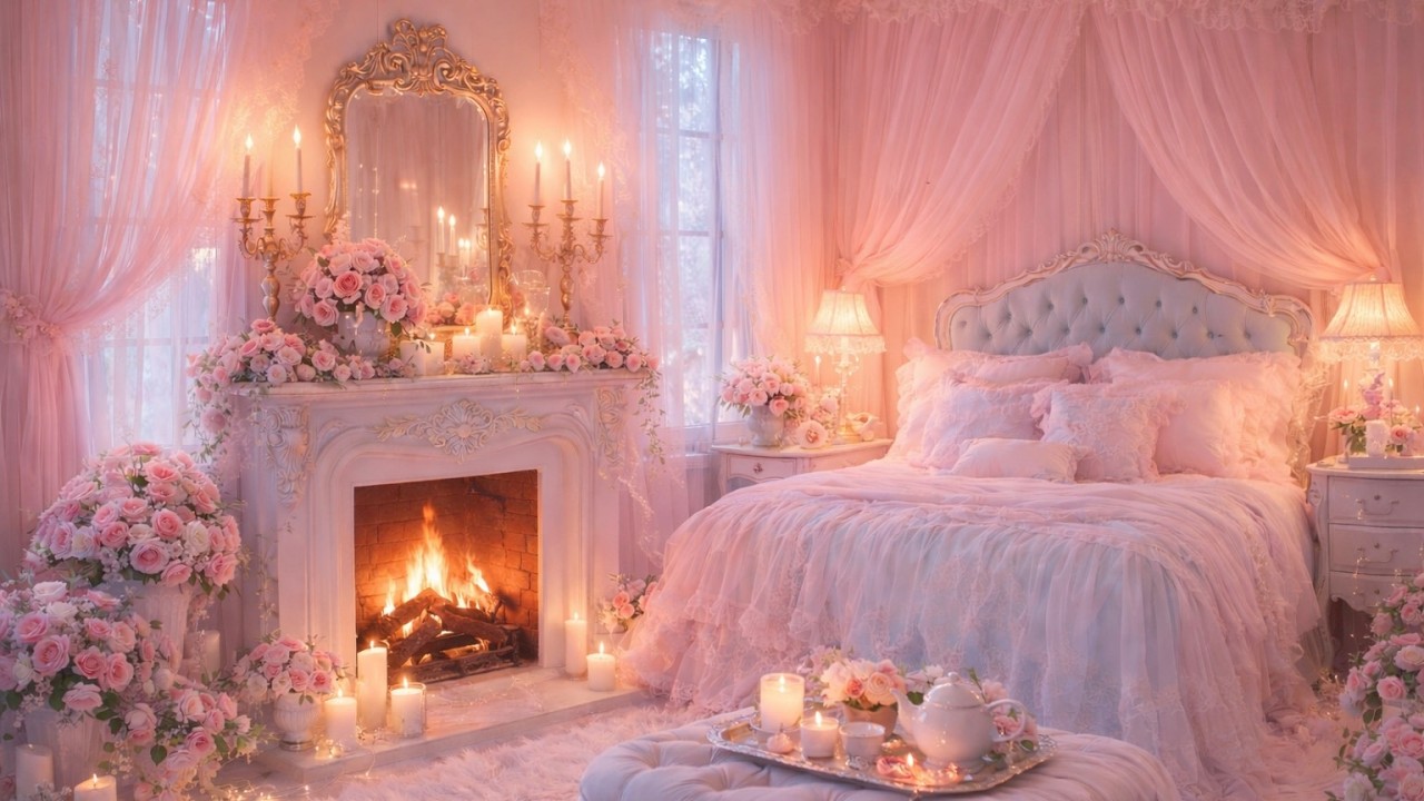 Pastel Princess Bedroom Ambience 🌸 Relaxing Piano & Soft Fireplace (4 Hours)
